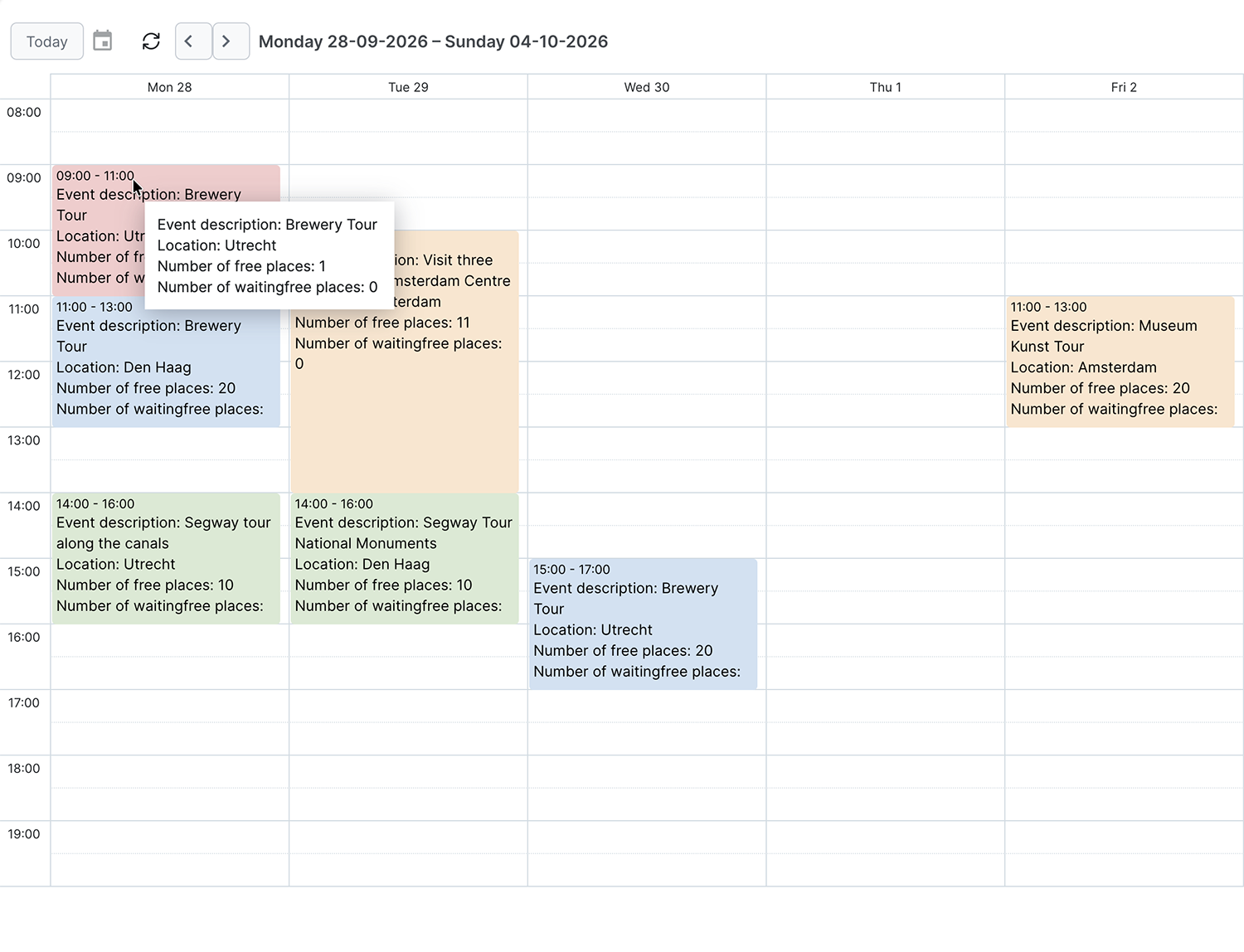 Weekrooster met evenementen, locaties en vrije plaatsen