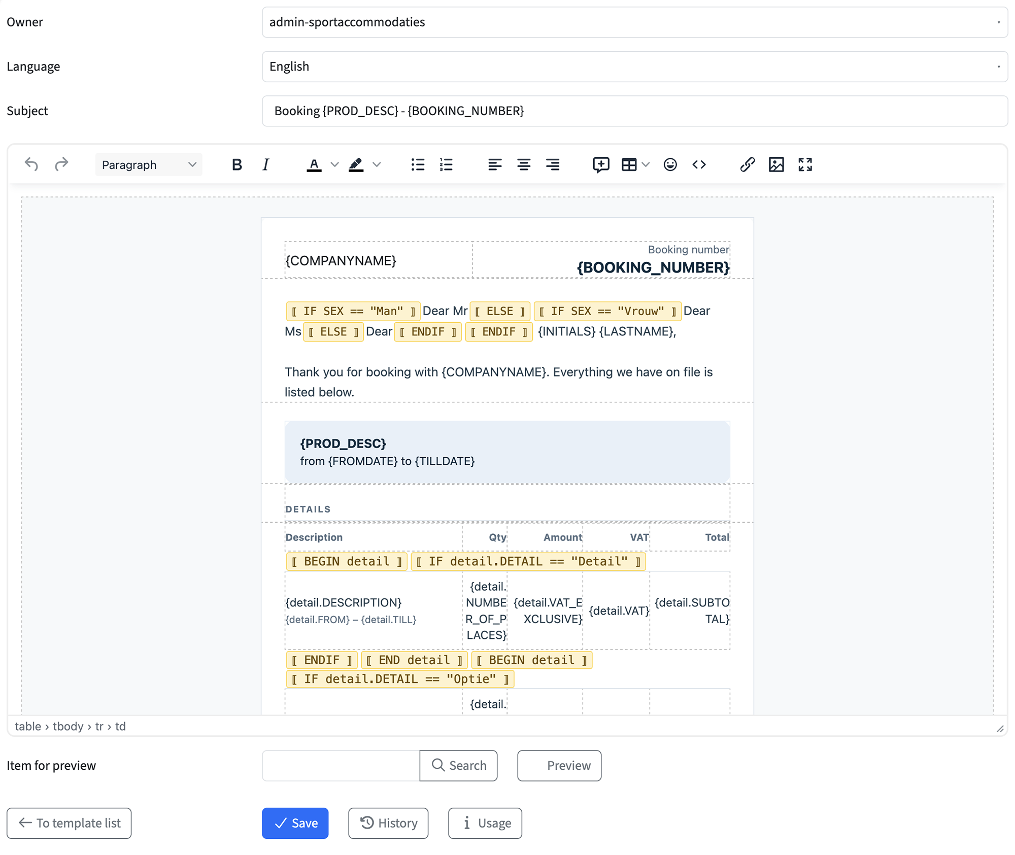 Template-editor voor de bevestigingsmail